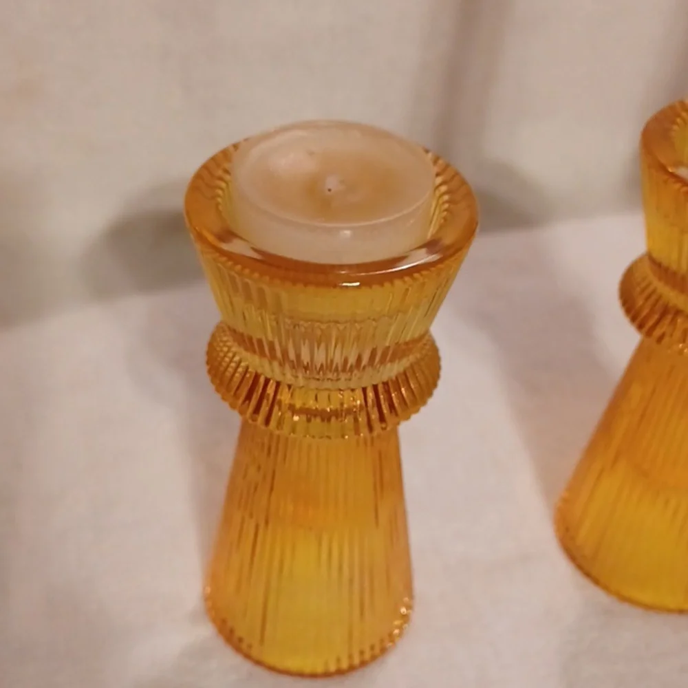 Amber Glass Candle Holders Set, Set Of 3 Heavy Glass